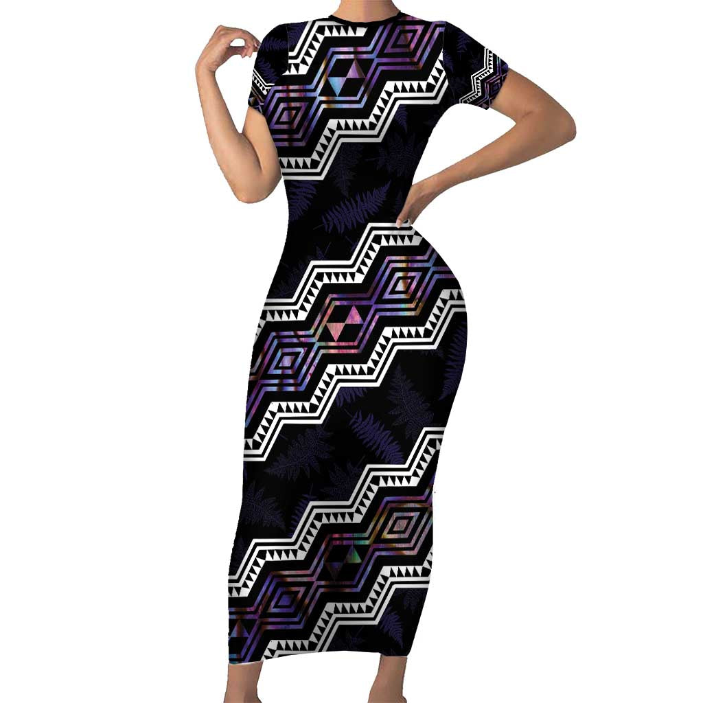 Personalised Taniko Aotearoa Mix Paua Shell Family Matching Short Sleeve Bodycon Dress and Hawaiian Shirt Niho Taniwha Lilac Glitter