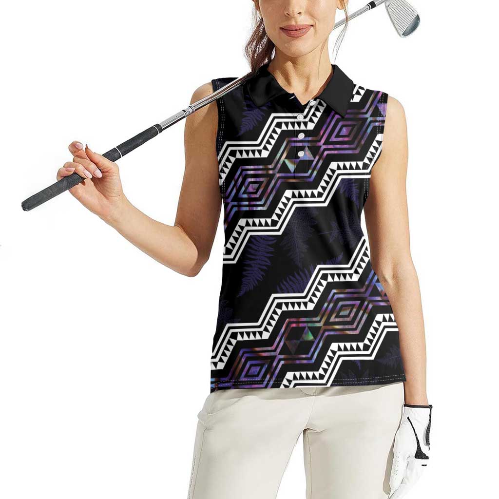 Personalised Taniko Aotearoa Mix Paua Shell Women Sleeveless Polo Shirt Niho Taniwha Lilac Glitter
