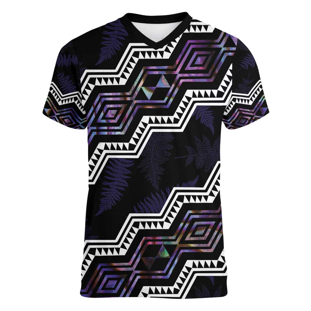 Personalised Taniko Aotearoa Mix Paua Shell Women V-Neck T-Shirt Niho Taniwha Lilac Glitter