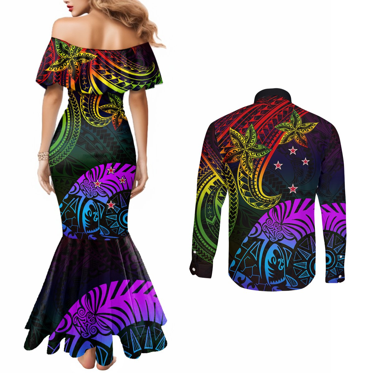 Wellington Pride Couples Matching Mermaid Dress and Long Sleeve Button Shirt Aotearoa Tribal Rainbow Pattern LT01 - Polynesian Pride