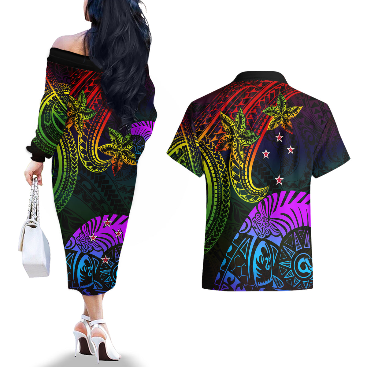 Wellington Pride Couples Matching Off The Shoulder Long Sleeve Dress and Hawaiian Shirt Aotearoa Tribal Rainbow Pattern LT01 - Polynesian Pride