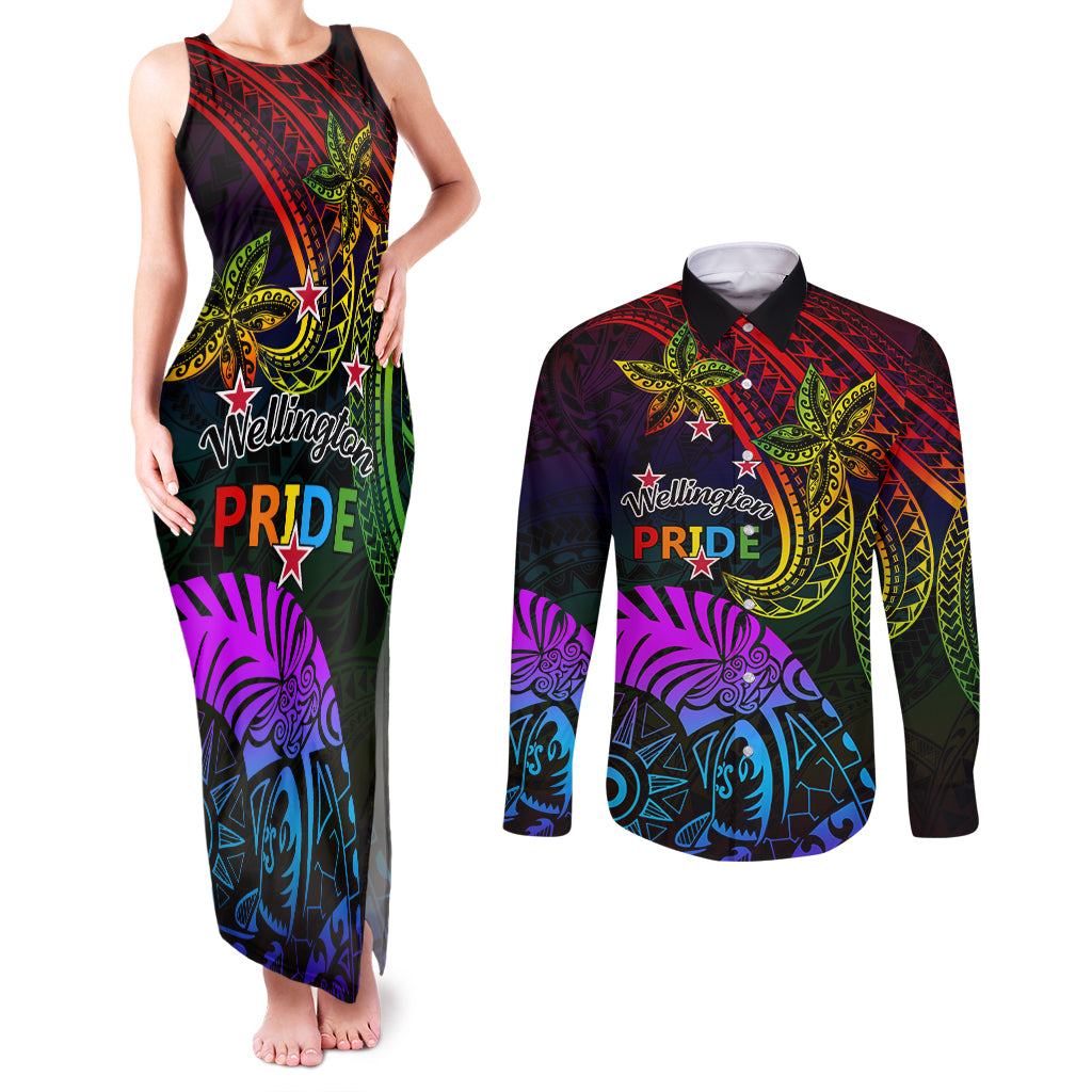 Wellington Pride Couples Matching Tank Maxi Dress and Long Sleeve Button Shirt Aotearoa Tribal Rainbow Pattern LT01 Black - Polynesian Pride