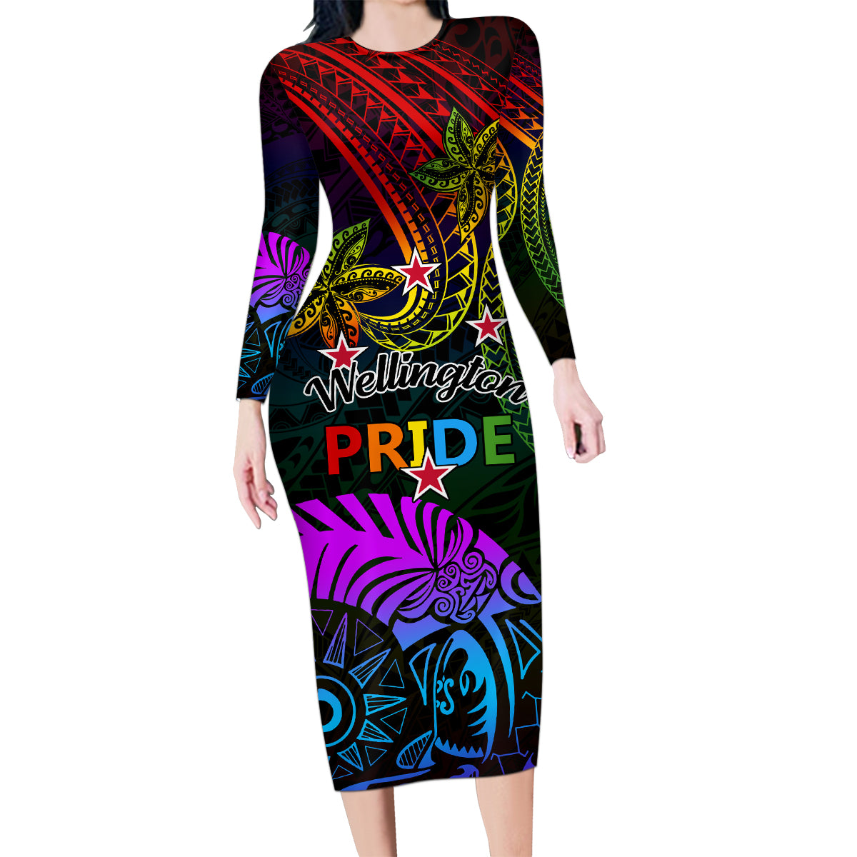 Wellington Pride Family Matching Long Sleeve Bodycon Dress and Hawaiian Shirt Aotearoa Tribal Rainbow Pattern LT01 Mom's Dress Black - Polynesian Pride