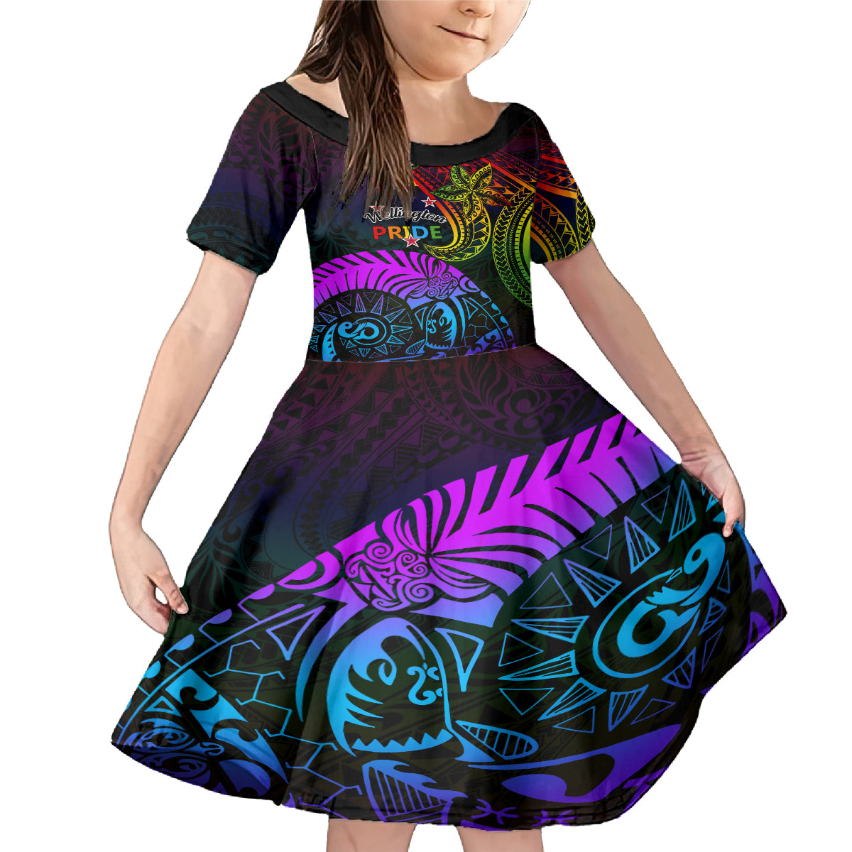 Wellington Pride Family Matching Mermaid Dress and Hawaiian Shirt Aotearoa Tribal Rainbow Pattern LT01 Daughter's Dress Black - Polynesian Pride