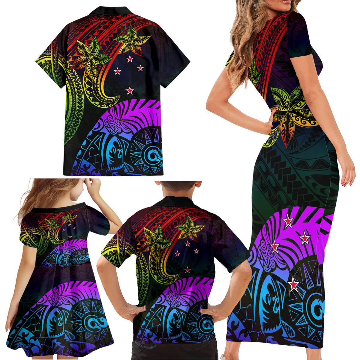 Wellington Pride Family Matching Short Sleeve Bodycon Dress and Hawaiian Shirt Aotearoa Tribal Rainbow Pattern LT01 - Polynesian Pride