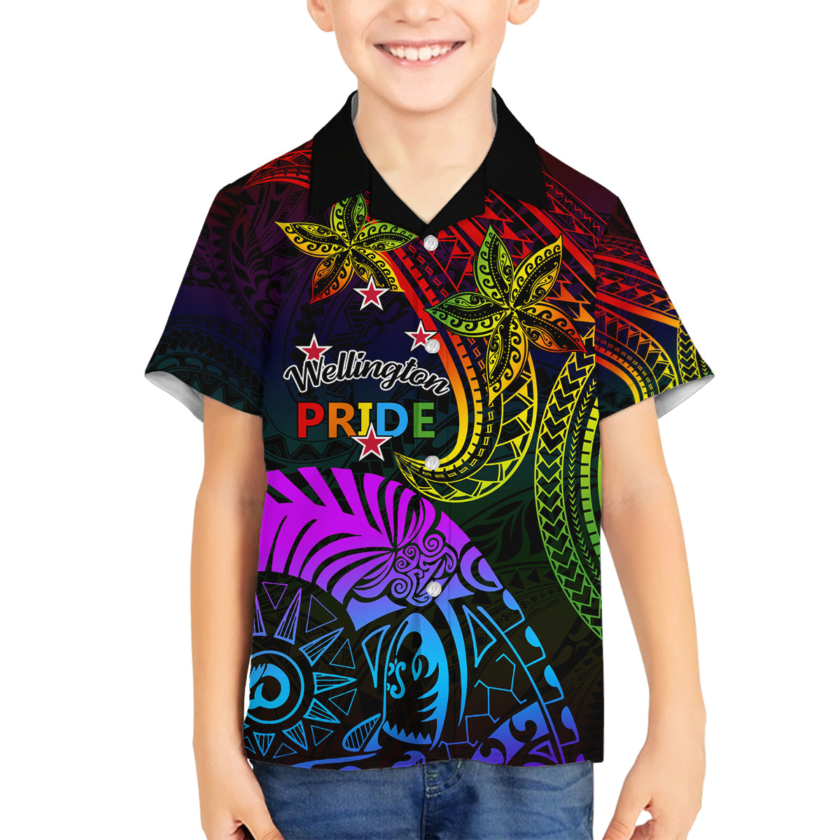 Wellington Pride Family Matching Tank Maxi Dress and Hawaiian Shirt Aotearoa Tribal Rainbow Pattern LT01 Son's Shirt Black - Polynesian Pride