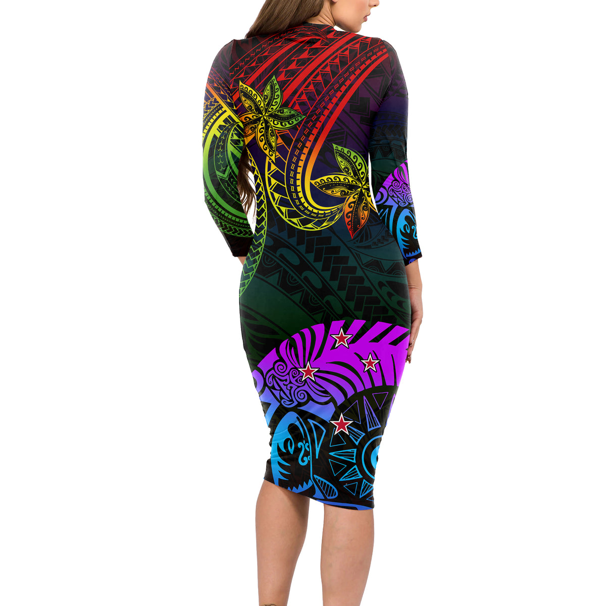 Wellington Pride Long Sleeve Bodycon Dress Aotearoa Tribal Rainbow Pattern LT01 - Polynesian Pride
