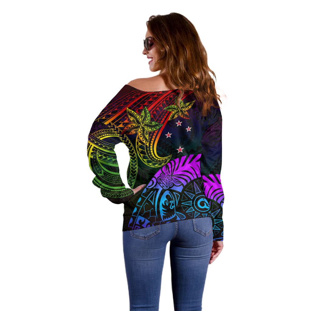 Wellington Pride Off Shoulder Sweater Aotearoa Tribal Rainbow Pattern LT01 - Polynesian Pride