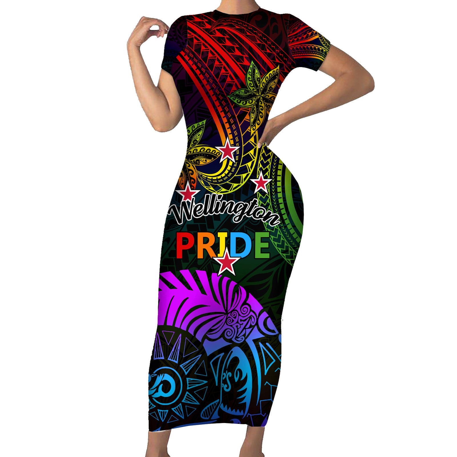 Wellington Pride Short Sleeve Bodycon Dress Aotearoa Tribal Rainbow Pattern LT01 Long Dress Black - Polynesian Pride