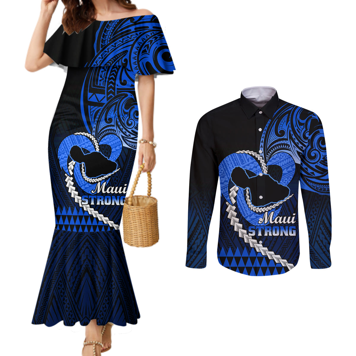 Personalised Hawaii Couples Matching Mermaid Dress and Long Sleeve Button Shirts Maui Be Strong Kakau Blue Version LT01 Blue - Polynesian Pride