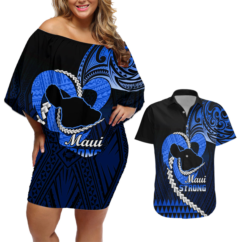 Personalised Hawaii Couples Matching Off Shoulder Short Dress and Hawaiian Shirt Maui Be Strong Kakau Blue Version LT01 Blue - Polynesian Pride