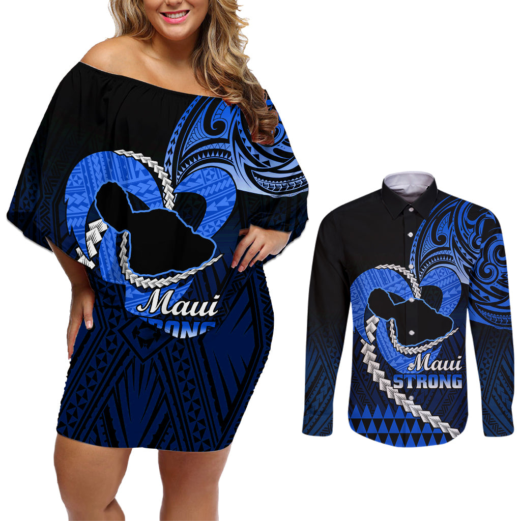 Personalised Hawaii Couples Matching Off Shoulder Short Dress and Long Sleeve Button Shirts Maui Be Strong Kakau Blue Version LT01 Blue - Polynesian Pride