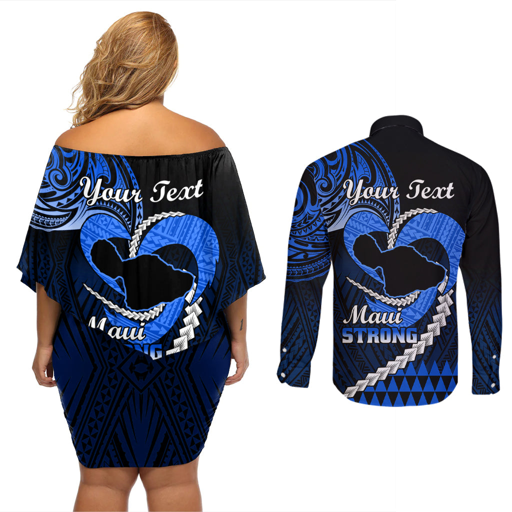 Personalised Hawaii Couples Matching Off Shoulder Short Dress and Long Sleeve Button Shirts Maui Be Strong Kakau Blue Version LT01 - Polynesian Pride