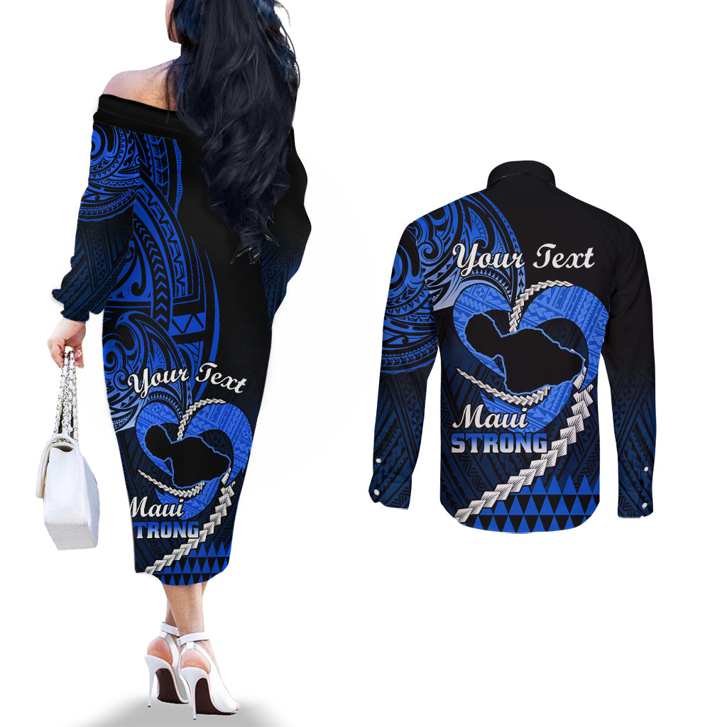 Personalised Hawaii Couples Matching Off The Shoulder Long Sleeve Dress and Long Sleeve Button Shirts Maui Be Strong Kakau Blue Version LT01 - Polynesian Pride