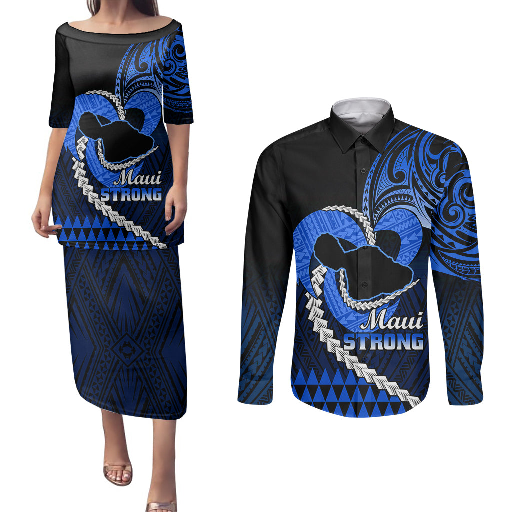 Personalised Hawaii Couples Matching Puletasi Dress and Long Sleeve Button Shirts Maui Be Strong Kakau Blue Version LT01 Blue - Polynesian Pride