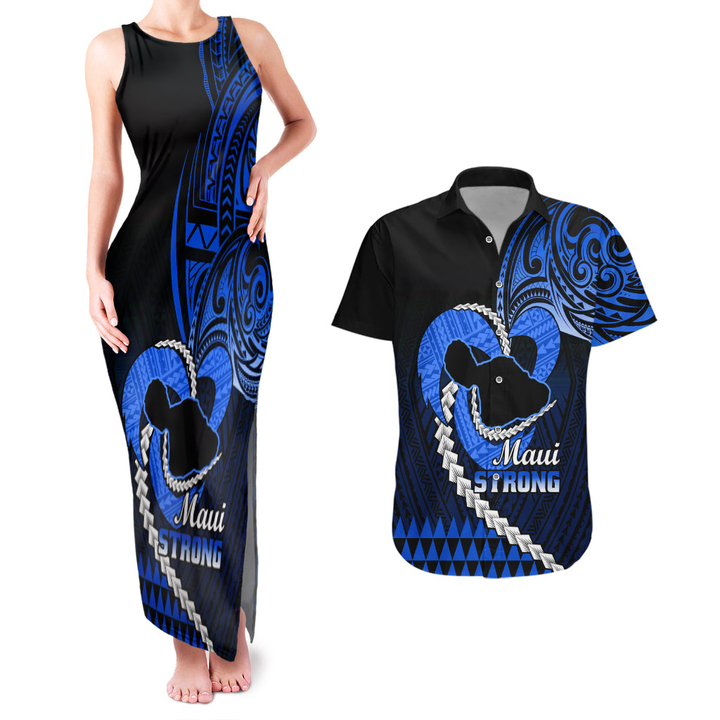Personalised Hawaii Couples Matching Tank Maxi Dress and Hawaiian Shirt Maui Be Strong Kakau Blue Version LT01 Blue - Polynesian Pride
