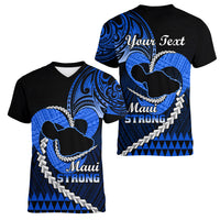 Personalised Hawaii Women V Neck T Shirt Maui Be Strong Kakau Blue Version LT01 - Polynesian Pride