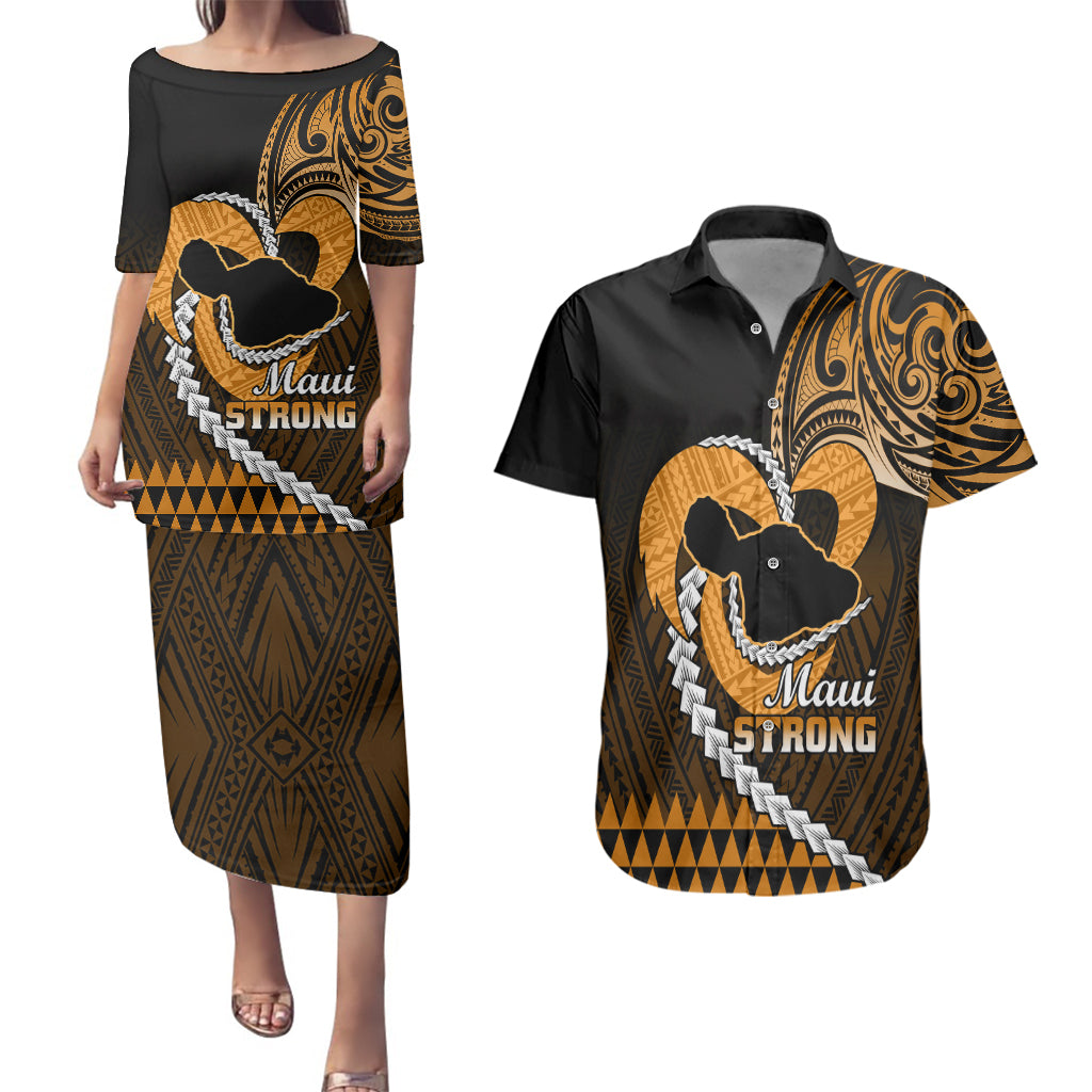 Personalised Hawaii Couples Matching Puletasi Dress and Hawaiian Shirt Maui Be Strong Kakau Gold Version LT01 Gold - Polynesian Pride