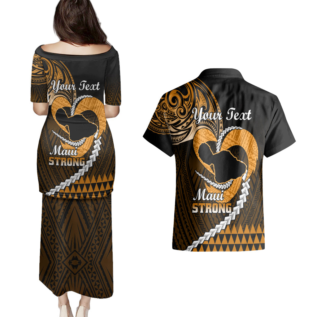 Personalised Hawaii Couples Matching Puletasi Dress and Hawaiian Shirt Maui Be Strong Kakau Gold Version LT01 - Polynesian Pride