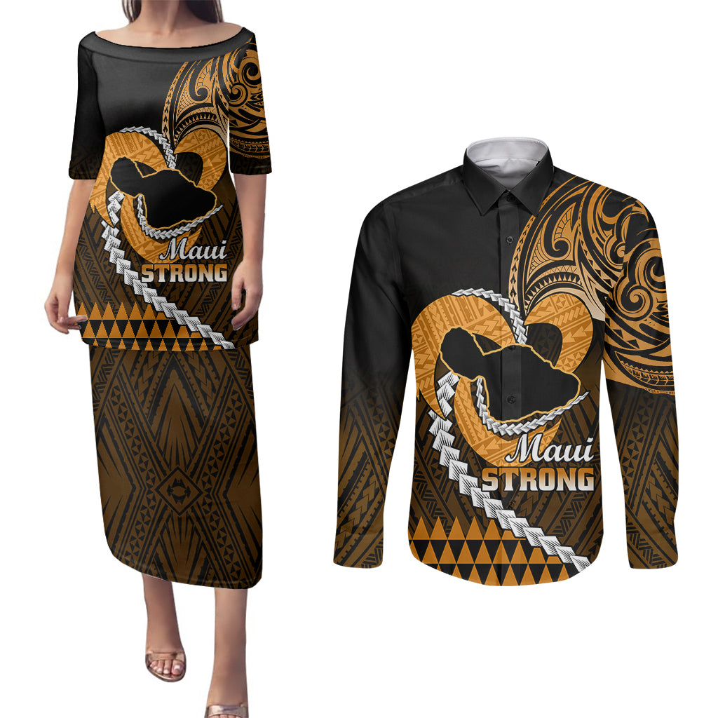 Personalised Hawaii Couples Matching Puletasi Dress and Long Sleeve Button Shirts Maui Be Strong Kakau Gold Version LT01 Gold - Polynesian Pride