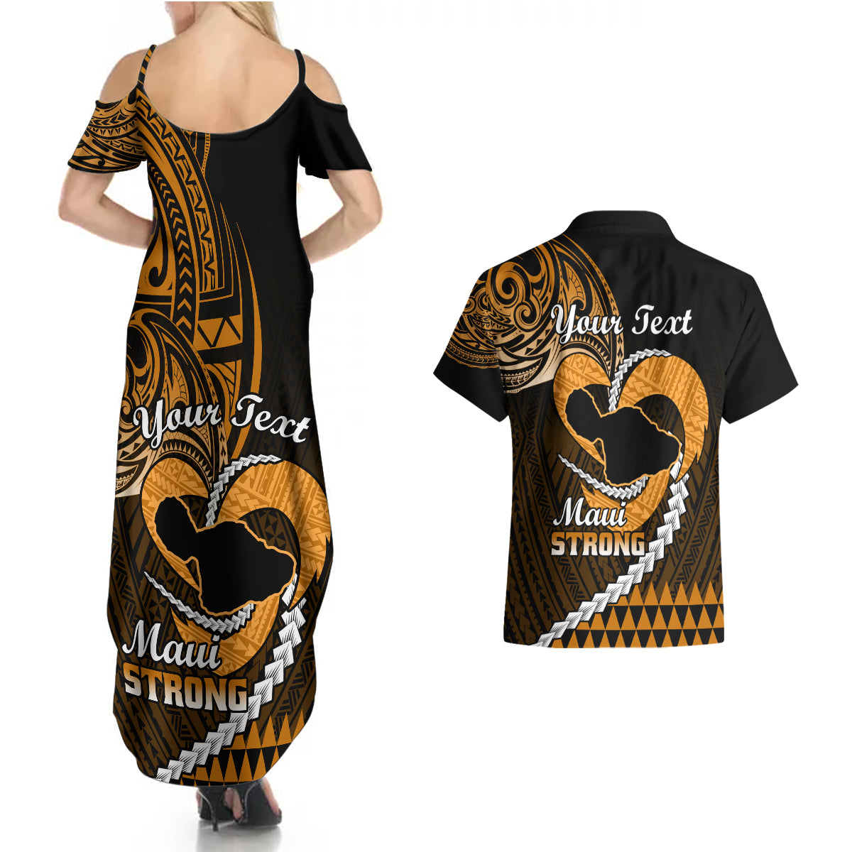 Personalised Hawaii Couples Matching Summer Maxi Dress and Hawaiian Shirt Maui Be Strong Kakau Gold Version LT01 - Polynesian Pride