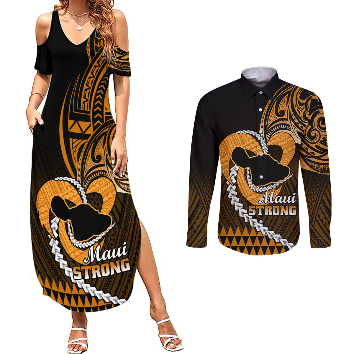 Personalised Hawaii Couples Matching Summer Maxi Dress and Long Sleeve Button Shirts Maui Be Strong Kakau Gold Version LT01 Gold - Polynesian Pride