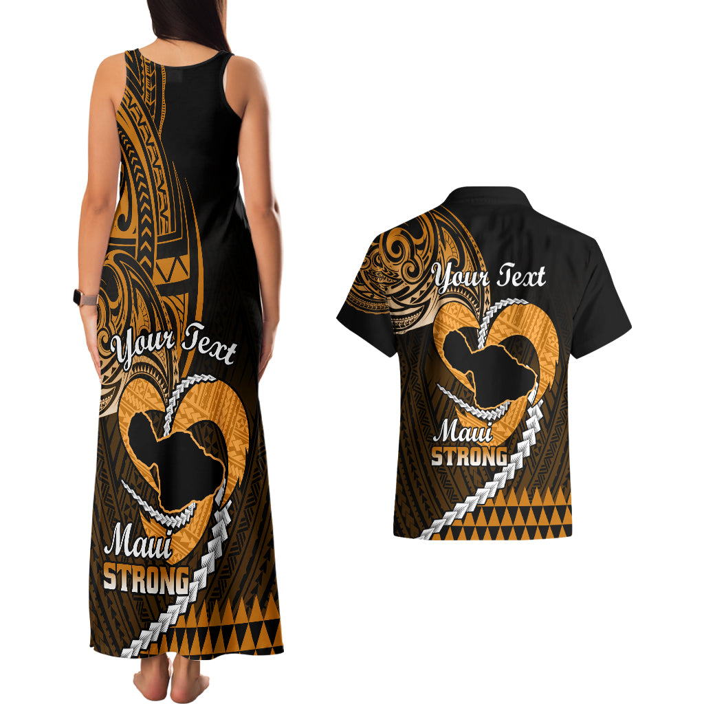 Personalised Hawaii Couples Matching Tank Maxi Dress and Hawaiian Shirt Maui Be Strong Kakau Gold Version LT01 - Polynesian Pride