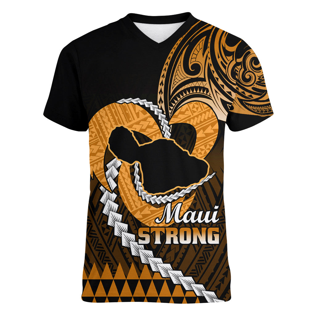Personalised Hawaii Women V Neck T Shirt Maui Be Strong Kakau Gold Version LT01 Female Gold - Polynesian Pride