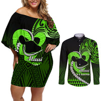 Personalised Hawaii Couples Matching Off Shoulder Short Dress and Long Sleeve Button Shirts Maui Be Strong Kakau Green Version LT01 Green - Polynesian Pride