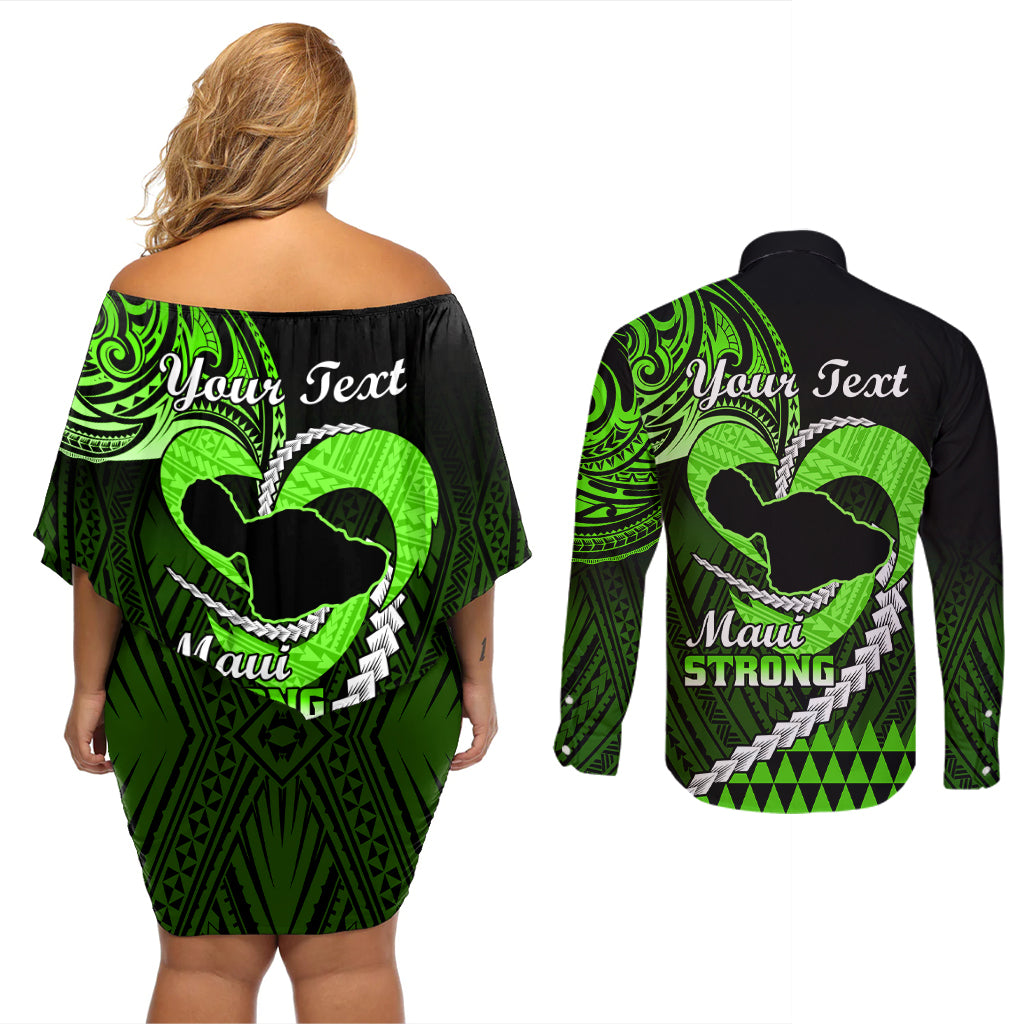 Personalised Hawaii Couples Matching Off Shoulder Short Dress and Long Sleeve Button Shirts Maui Be Strong Kakau Green Version LT01 - Polynesian Pride