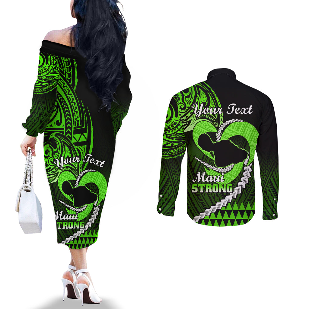 Personalised Hawaii Couples Matching Off The Shoulder Long Sleeve Dress and Long Sleeve Button Shirts Maui Be Strong Kakau Green Version LT01 - Polynesian Pride