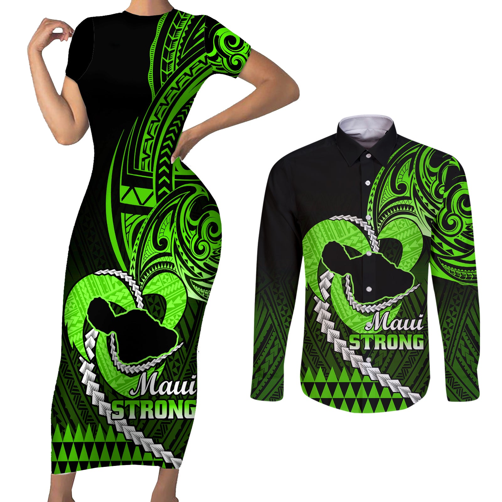 Personalised Hawaii Couples Matching Short Sleeve Bodycon Dress and Long Sleeve Button Shirts Maui Be Strong Kakau Green Version LT01 Green - Polynesian Pride