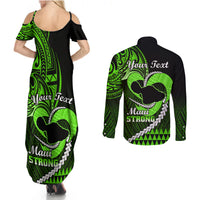Personalised Hawaii Couples Matching Summer Maxi Dress and Long Sleeve Button Shirts Maui Be Strong Kakau Green Version LT01 - Polynesian Pride