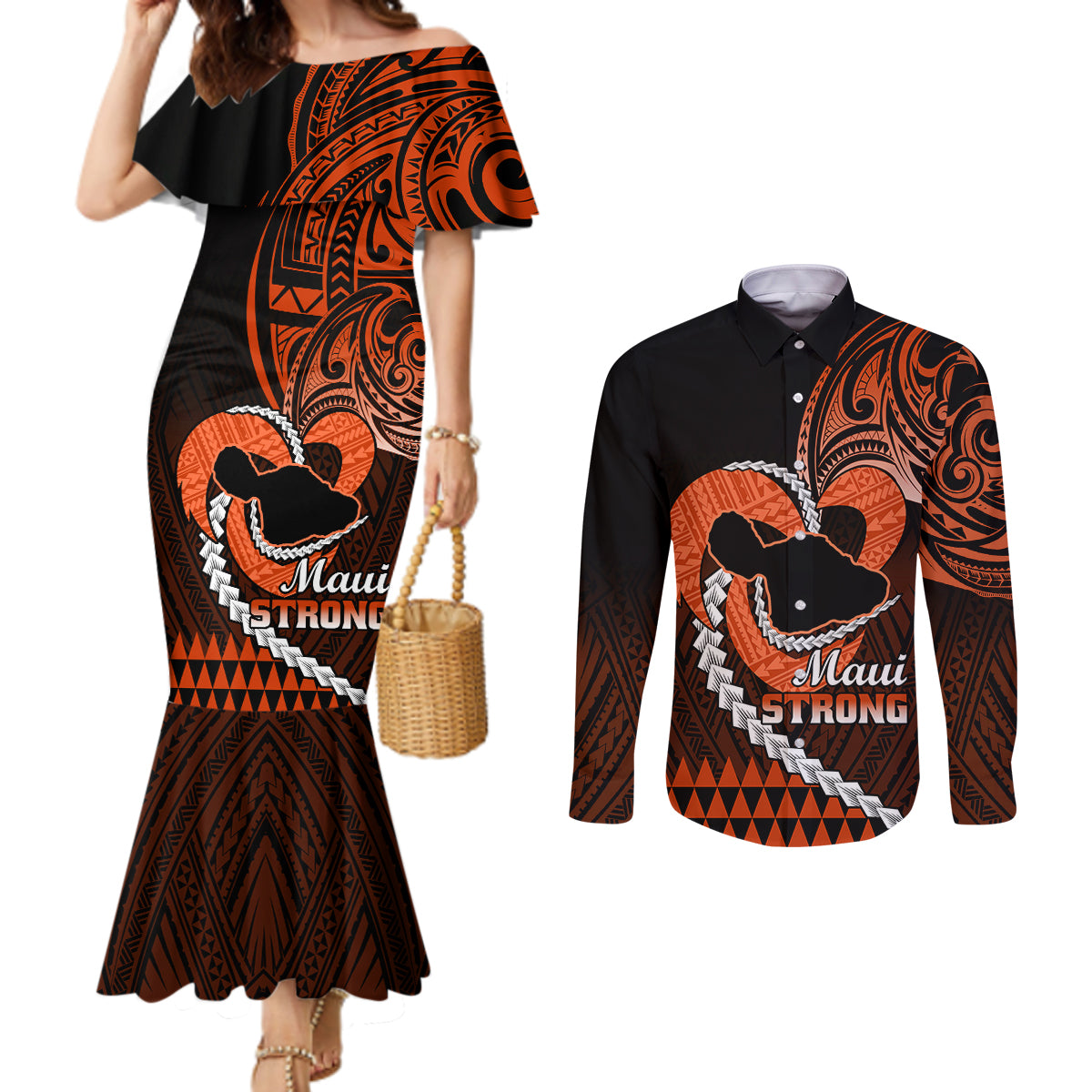 Personalised Hawaii Couples Matching Mermaid Dress and Long Sleeve Button Shirts Maui Be Strong Kakau Orange Version LT01 Orange - Polynesian Pride