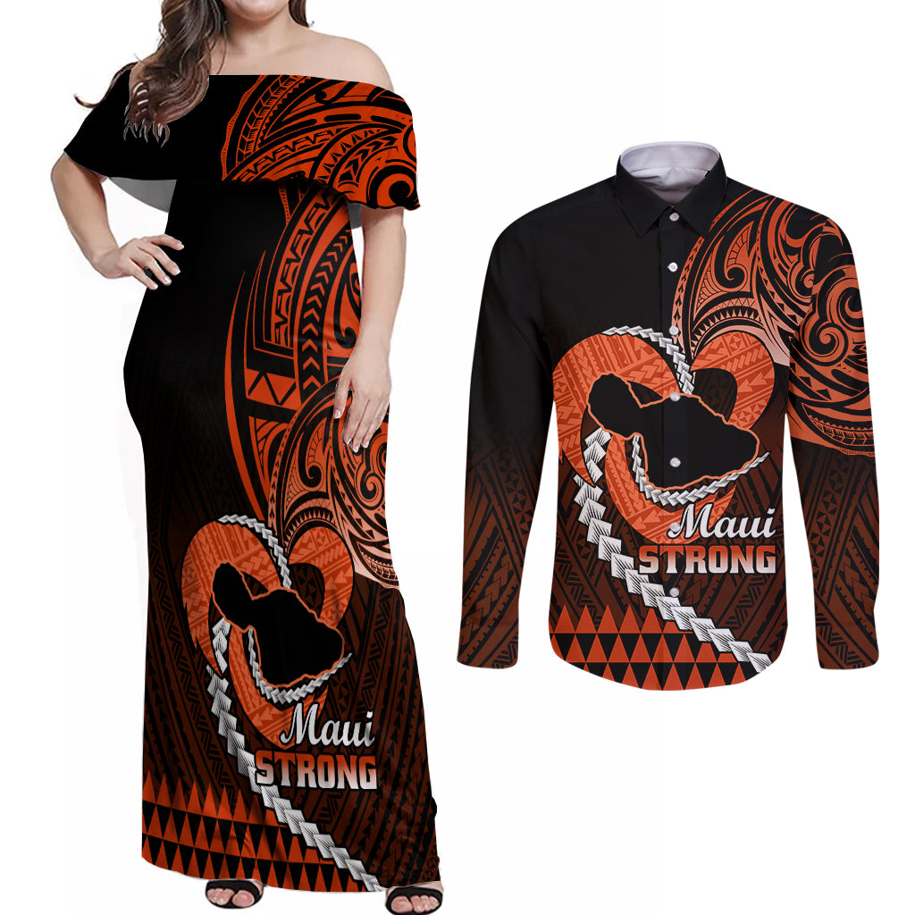 Personalised Hawaii Couples Matching Off Shoulder Maxi Dress and Long Sleeve Button Shirts Maui Be Strong Kakau Orange Version LT01 Orange - Polynesian Pride