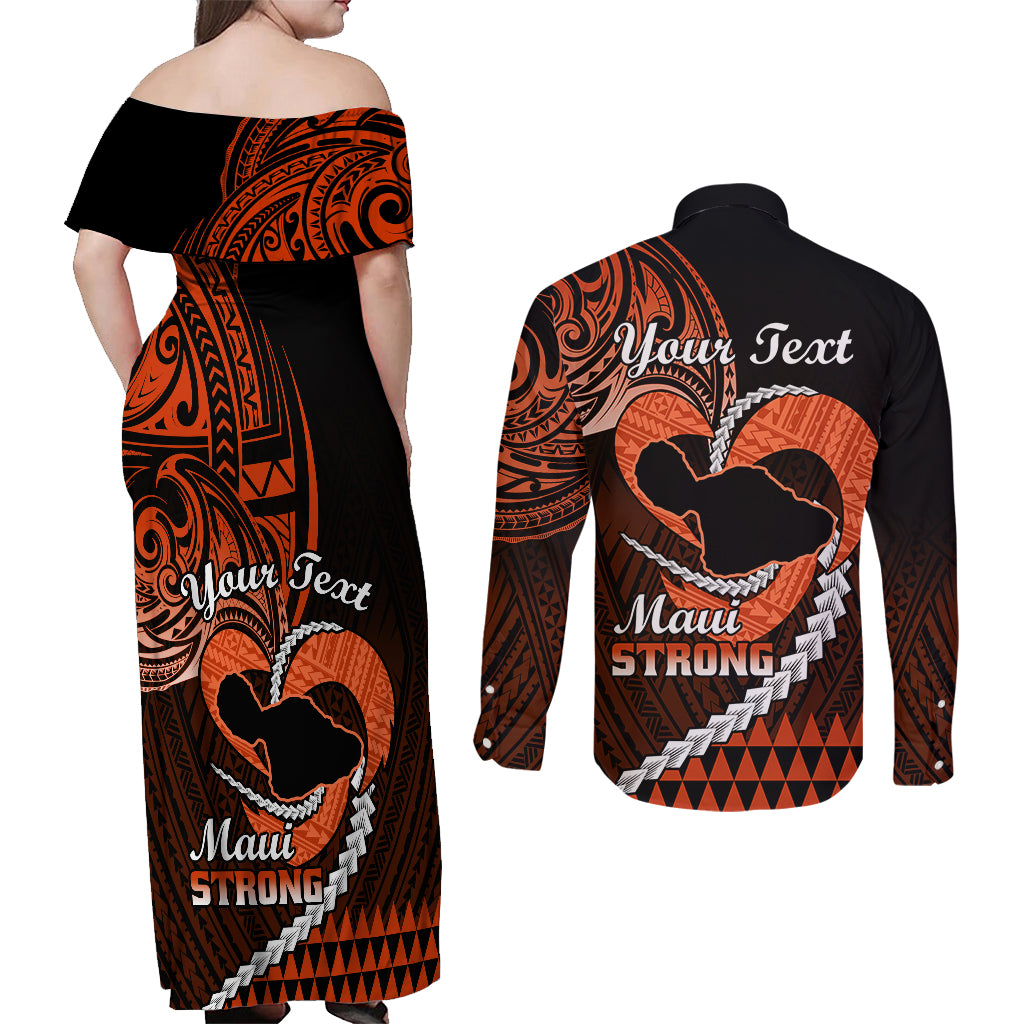 Personalised Hawaii Couples Matching Off Shoulder Maxi Dress and Long Sleeve Button Shirts Maui Be Strong Kakau Orange Version LT01 - Polynesian Pride