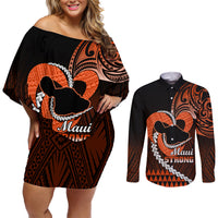 Personalised Hawaii Couples Matching Off Shoulder Short Dress and Long Sleeve Button Shirts Maui Be Strong Kakau Orange Version LT01 Orange - Polynesian Pride
