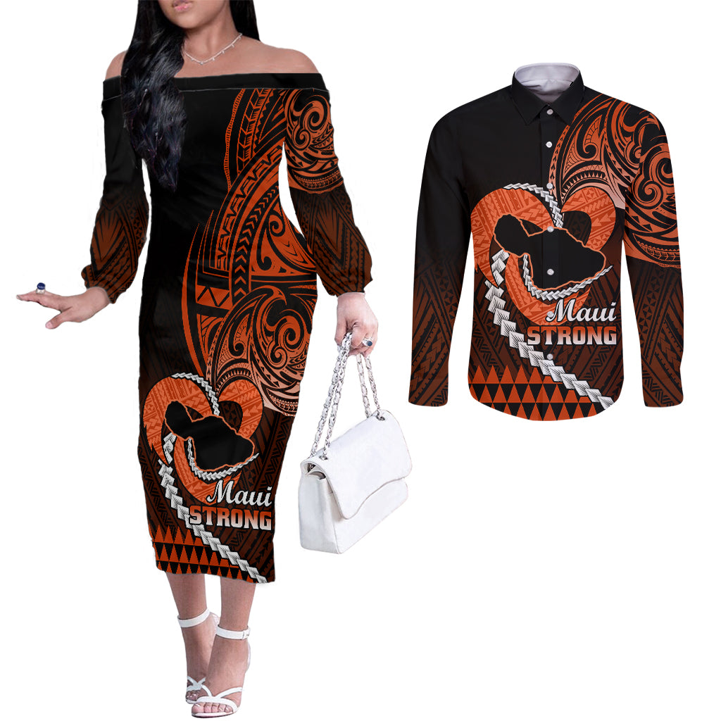 Personalised Hawaii Couples Matching Off The Shoulder Long Sleeve Dress and Long Sleeve Button Shirts Maui Be Strong Kakau Orange Version LT01 Orange - Polynesian Pride