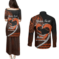 Personalised Hawaii Couples Matching Puletasi Dress and Long Sleeve Button Shirts Maui Be Strong Kakau Orange Version LT01 - Polynesian Pride