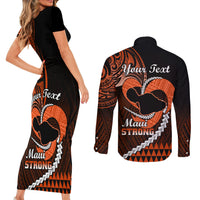 Personalised Hawaii Couples Matching Short Sleeve Bodycon Dress and Long Sleeve Button Shirts Maui Be Strong Kakau Orange Version LT01 - Polynesian Pride