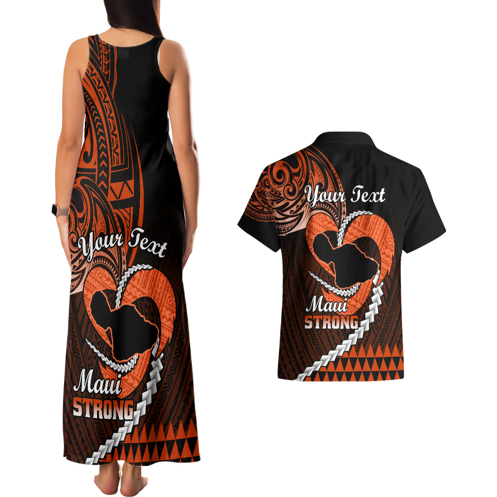 Personalised Hawaii Couples Matching Tank Maxi Dress and Hawaiian Shirt Maui Be Strong Kakau Orange Version LT01 - Polynesian Pride