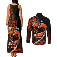Personalised Hawaii Couples Matching Tank Maxi Dress and Long Sleeve Button Shirts Maui Be Strong Kakau Orange Version LT01 - Polynesian Pride