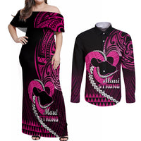 Personalised Hawaii Couples Matching Off Shoulder Maxi Dress and Long Sleeve Button Shirts Maui Be Strong Kakau Pink Version LT01 Pink - Polynesian Pride