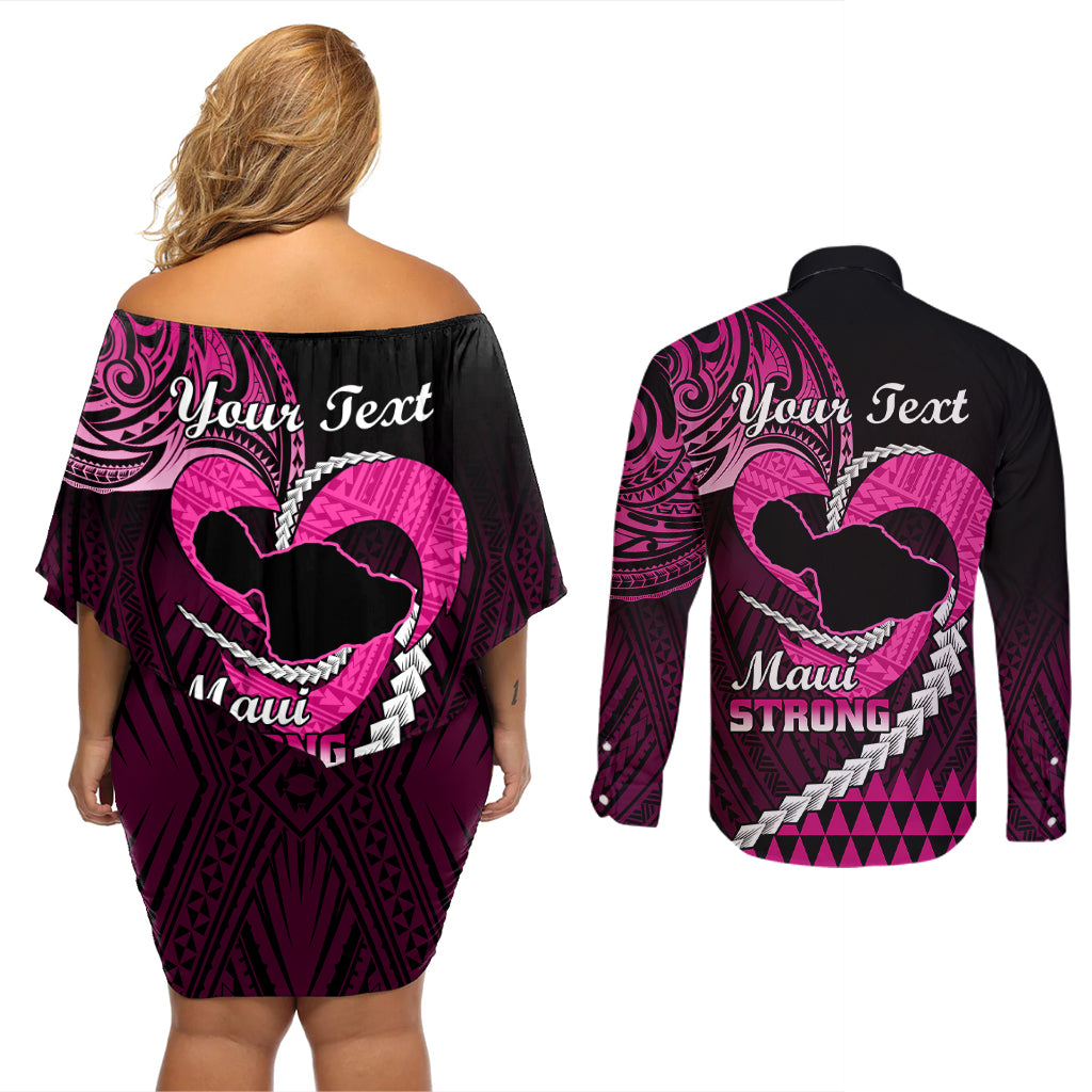 Personalised Hawaii Couples Matching Off Shoulder Short Dress and Long Sleeve Button Shirts Maui Be Strong Kakau Pink Version LT01 - Polynesian Pride