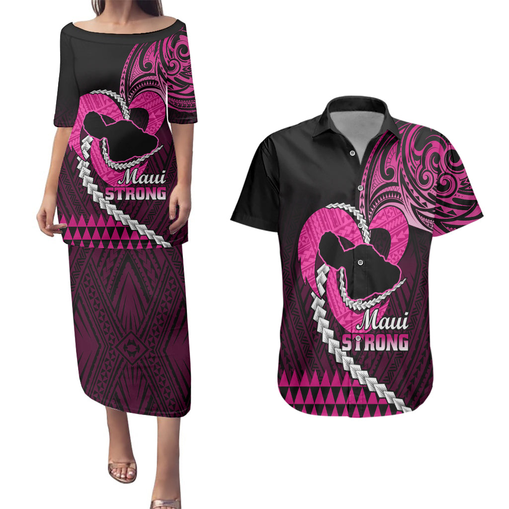 Personalised Hawaii Couples Matching Puletasi Dress and Hawaiian Shirt Maui Be Strong Kakau Pink Version LT01 Pink - Polynesian Pride
