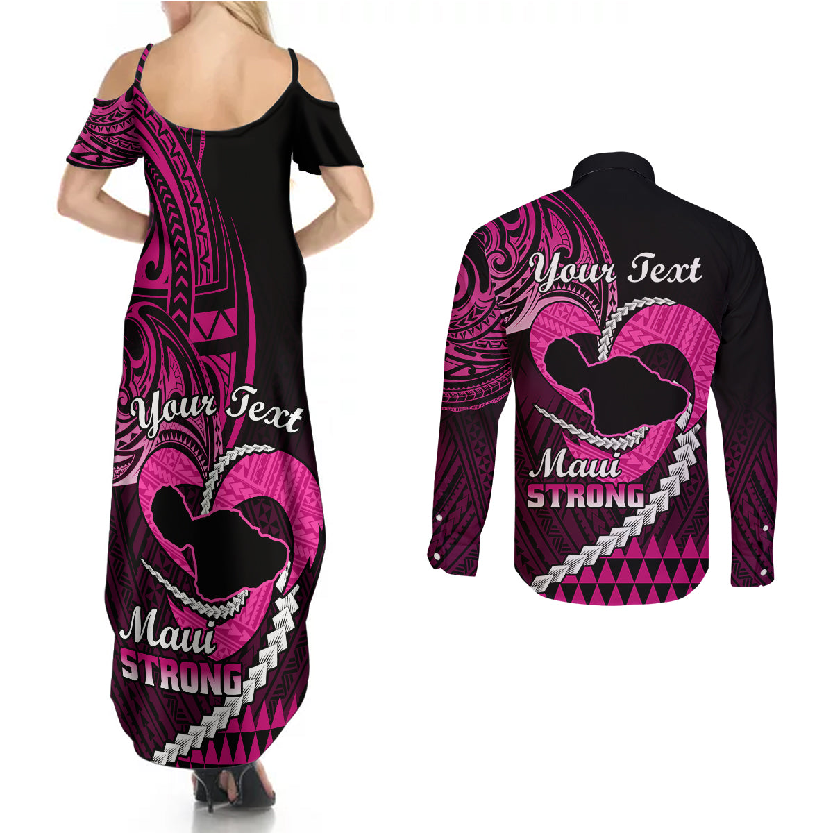 Personalised Hawaii Couples Matching Summer Maxi Dress and Long Sleeve Button Shirts Maui Be Strong Kakau Pink Version LT01 - Polynesian Pride