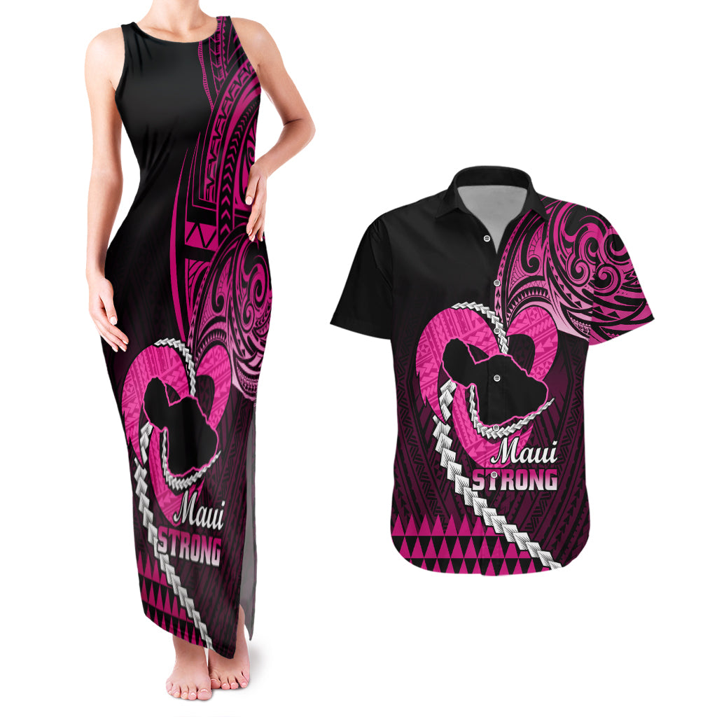 Personalised Hawaii Couples Matching Tank Maxi Dress and Hawaiian Shirt Maui Be Strong Kakau Pink Version LT01 Pink - Polynesian Pride