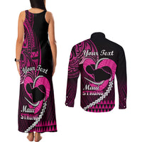 Personalised Hawaii Couples Matching Tank Maxi Dress and Long Sleeve Button Shirts Maui Be Strong Kakau Pink Version LT01 - Polynesian Pride