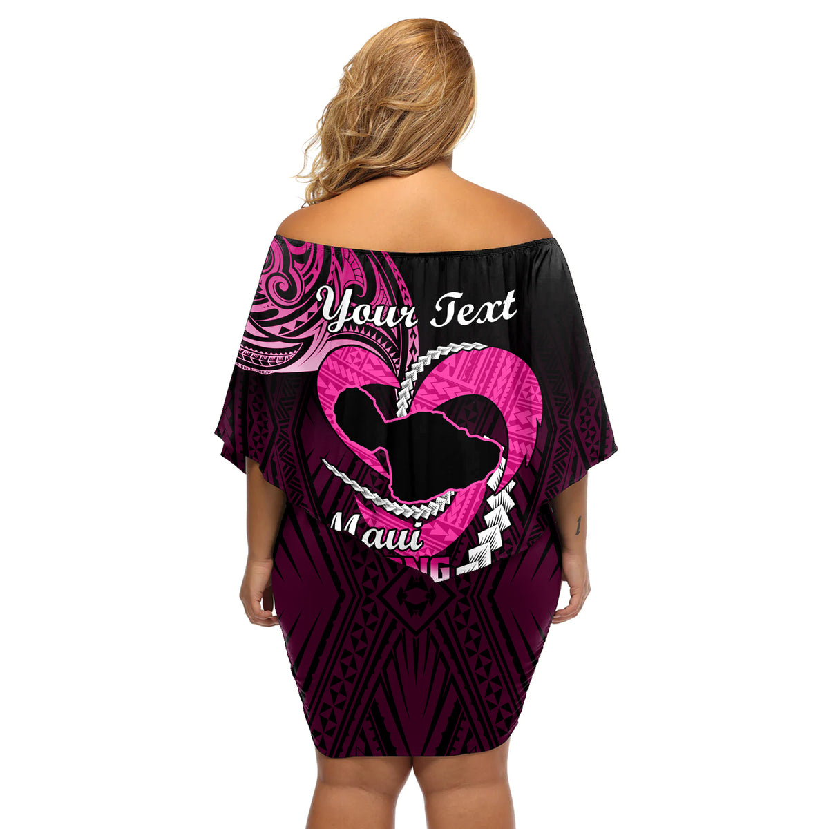 Personalised Hawaii Off Shoulder Short Dress Maui Be Strong Kakau Pink Version LT01 - Polynesian Pride