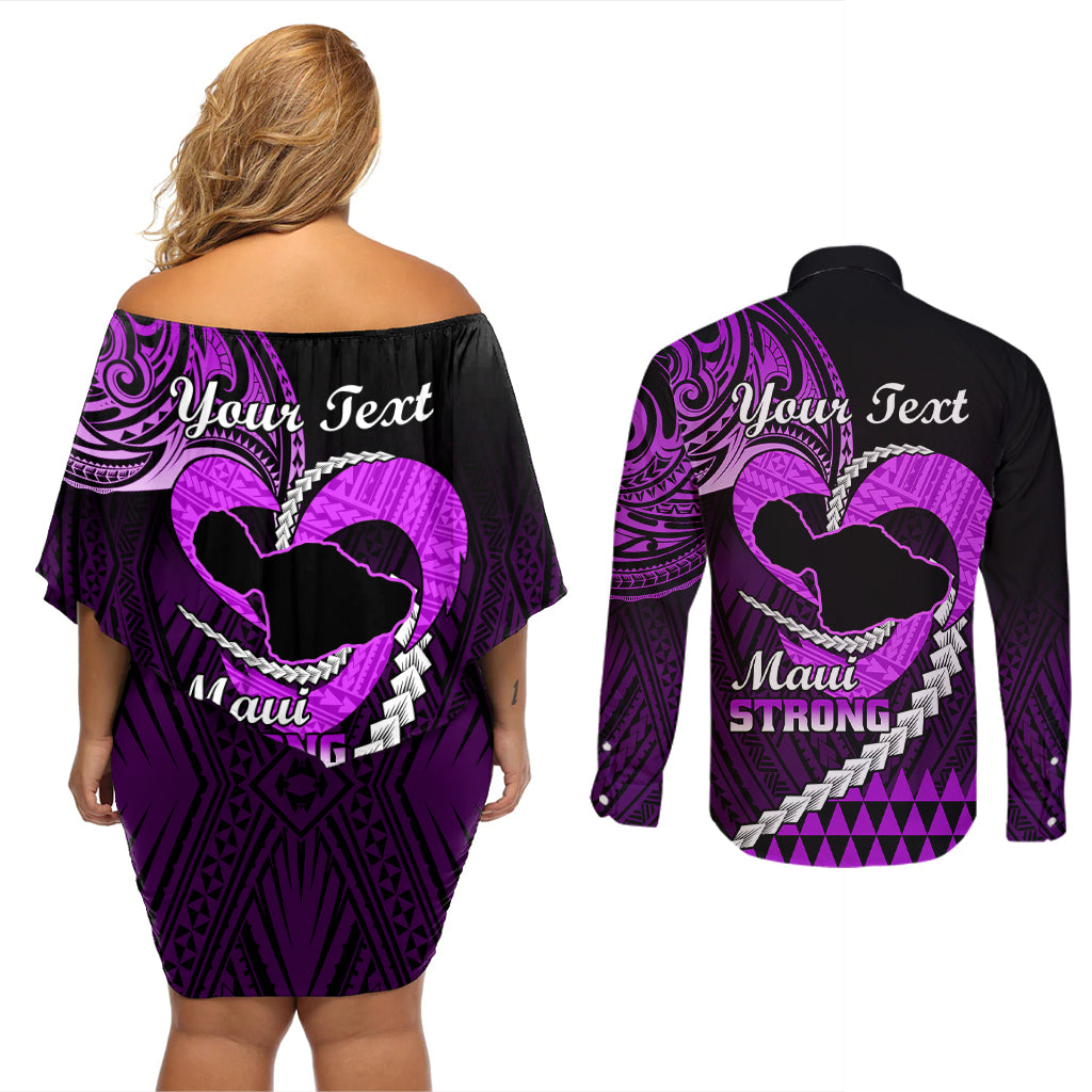 Personalised Hawaii Couples Matching Off Shoulder Short Dress and Long Sleeve Button Shirts Maui Be Strong Kakau Purple Version LT01 - Polynesian Pride